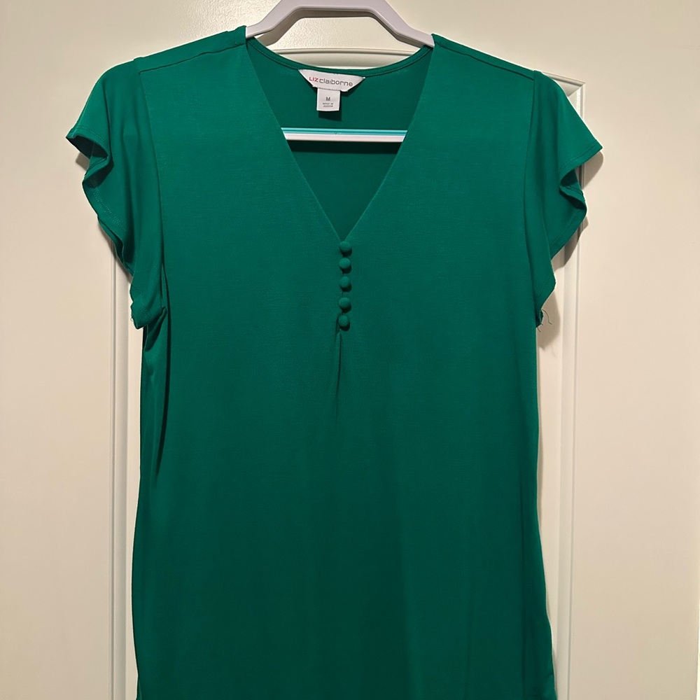 Liz Claiborne Green V-Neck Blouse with Button Detail